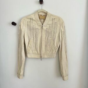 Vintage Women's Beige Italian Leather Bomber Crop Jacket